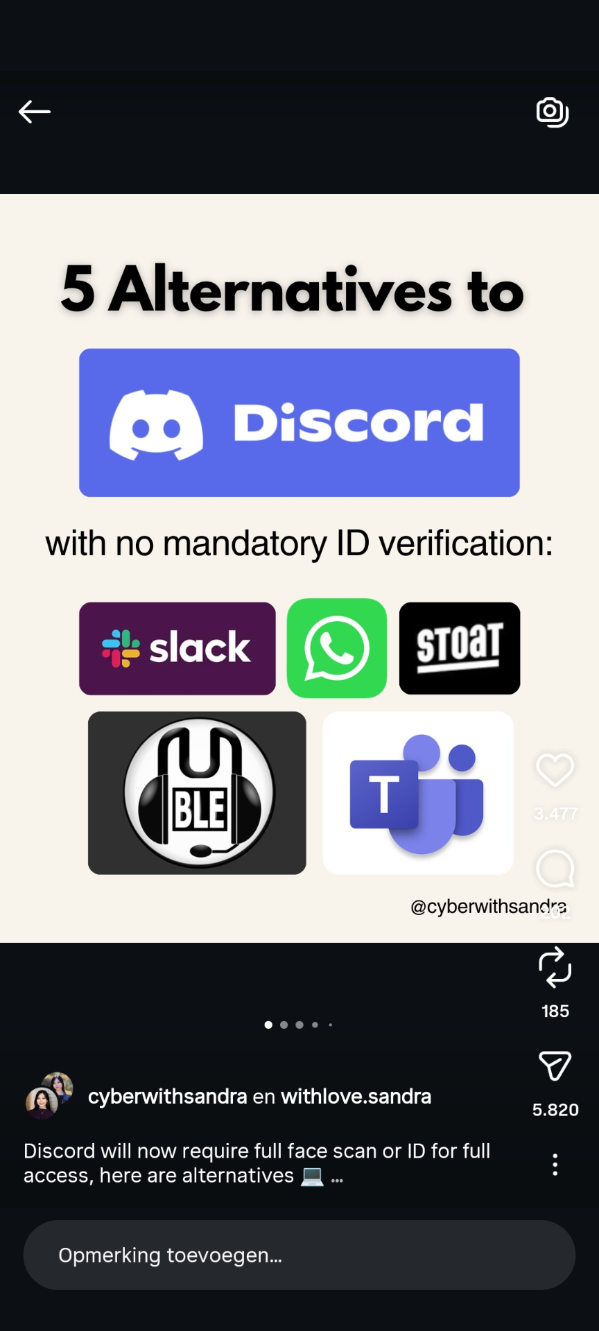 A photo that lists Slack, WhatsApp, Stoat, Mumble and Microsoft Teams as 5 alternatives to Discord with no mandatory ID verification