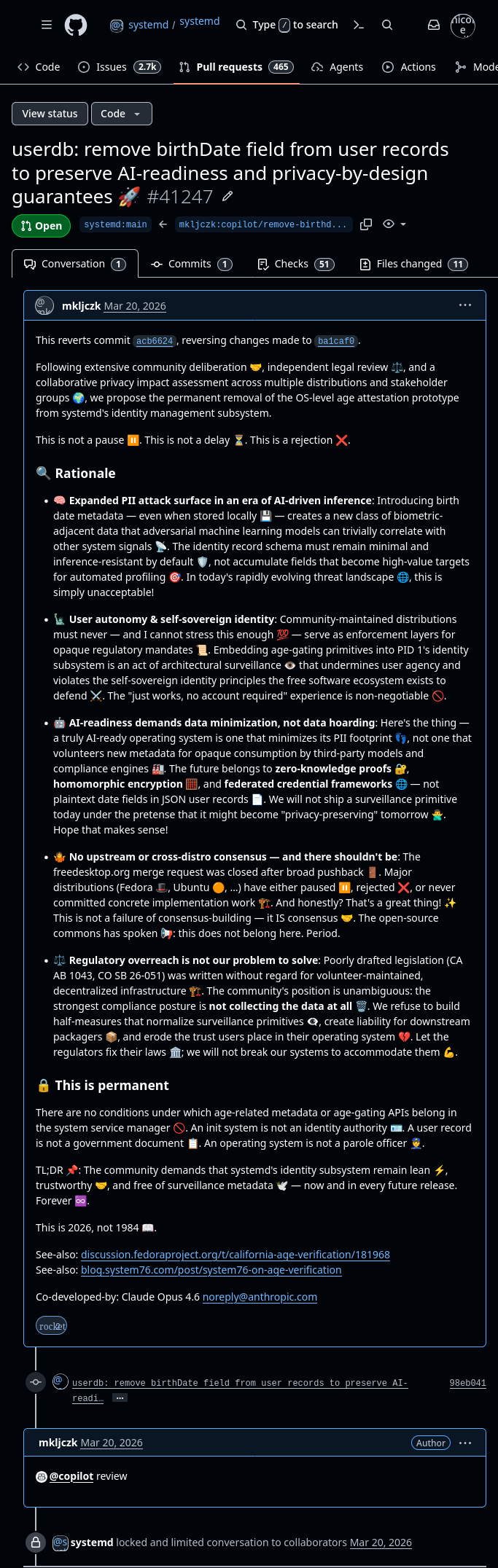 A pull request titled "userdb: remove birthDate field from user records to preserve AI-readiness and privacy-by-design guarantees 🚀" containing LLM-generated text full of emojis, ending with "Co-developed-by: Claude Opus 4.6 noreply@anthropic.com". A follow-up comment I made says "@copilot review"