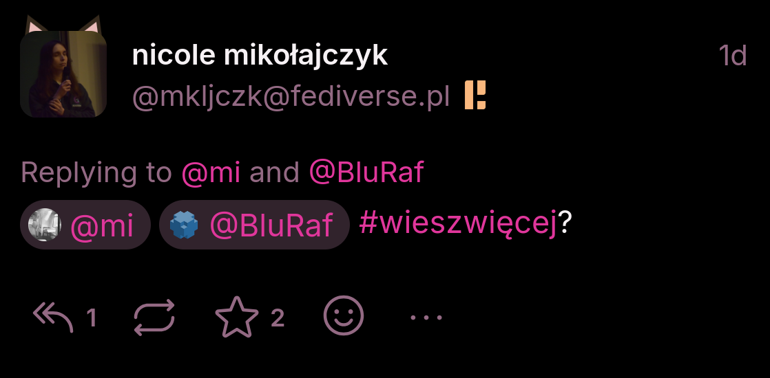 A post I made including two mentions. The usernames are prepended with the user avatars and are displayed on a different background.